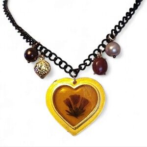 Handmade upcycled resin pressed flower heart charm necklace